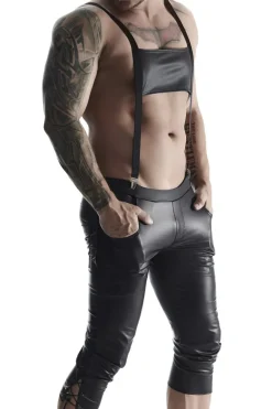 Bermuda Short mit Hosenträgern und seitlicher Beinschnürung und aufklapbarem Hinterteil schwarz