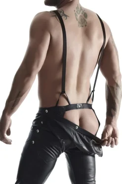 Bermuda Short mit Hosenträgern und seitlicher Beinschnürung und aufklapbarem Hinterteil schwarz