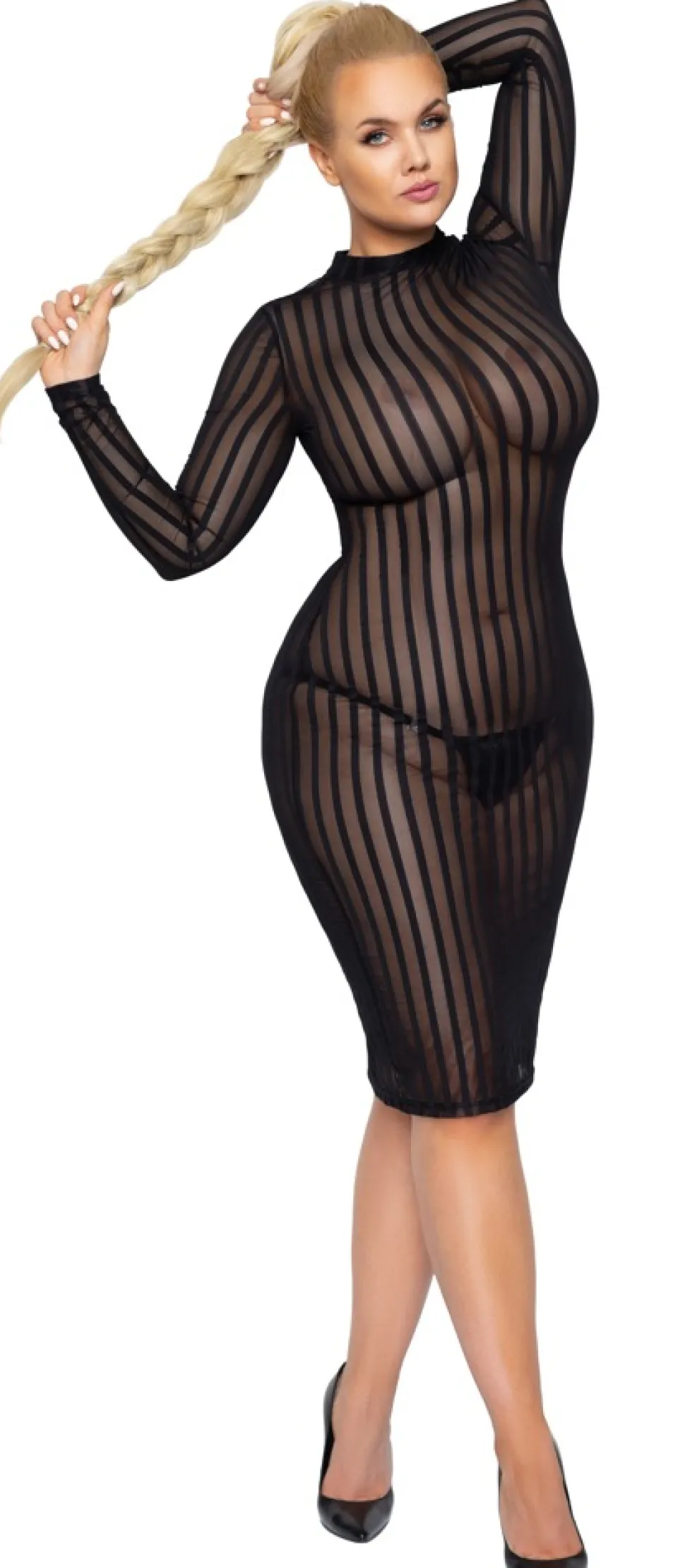 Curvy Langarm-Kleid Plus Size Streifendesign Knielang