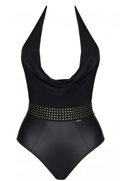 dehnbarer Body aus feinstem Mesh und Wetlook mit elegantem Dekolleté und Goldapplikationen mit Po-Up Funktion