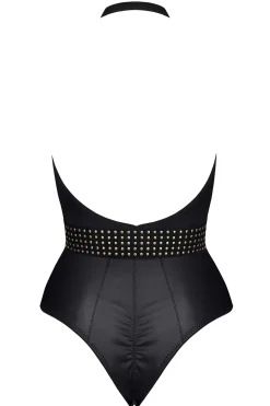 dehnbarer Body aus feinstem Mesh und Wetlook mit elegantem Dekolleté und Goldapplikationen mit Po-Up Funktion