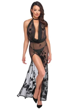 Elegantes Maxikleid aus Netzstoff mit Samtdruck