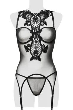 erotisches Set aus zarter Spitze mit Häkelspitz schwarz 15263