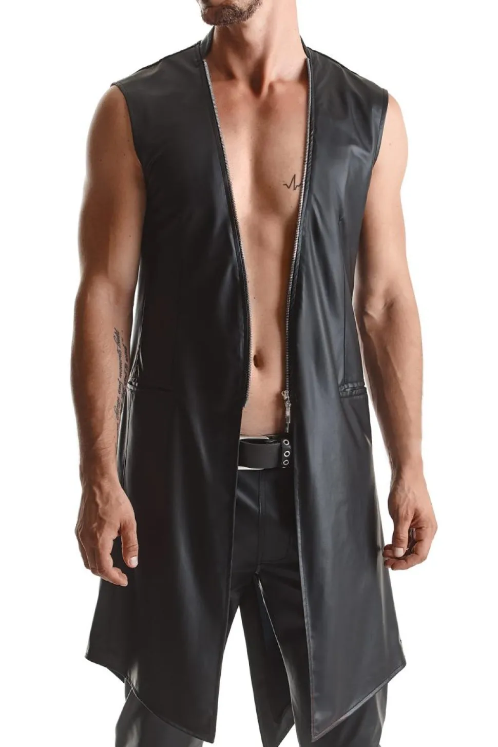 Halblanger Wetllook Herren Mantel schwarz