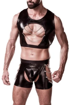 Herren Clubwear-Set aus hochwertigem Lederimitat mit Zierketten