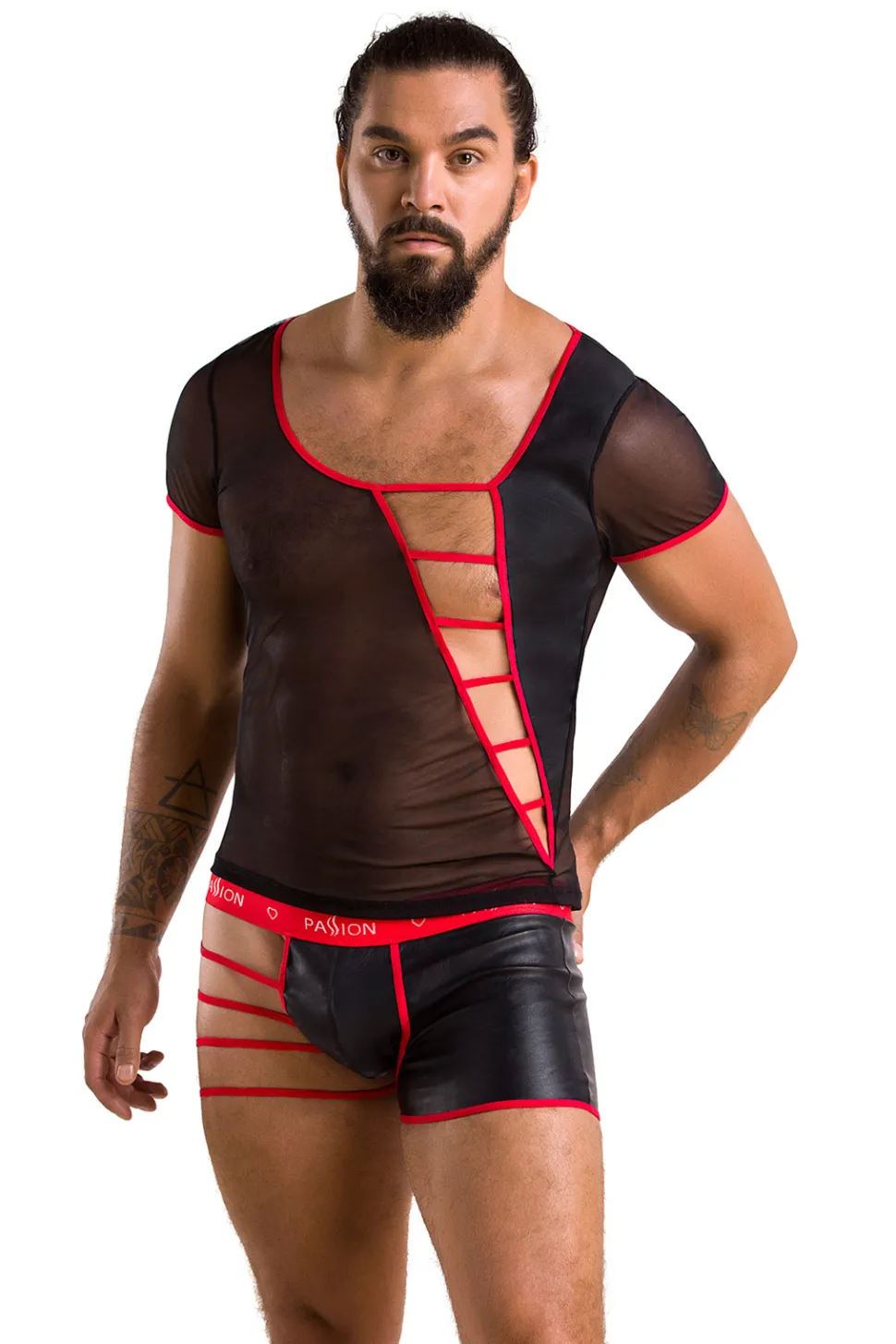 Herren Lingerie Set mit Cutouts aus transparentem Stoff