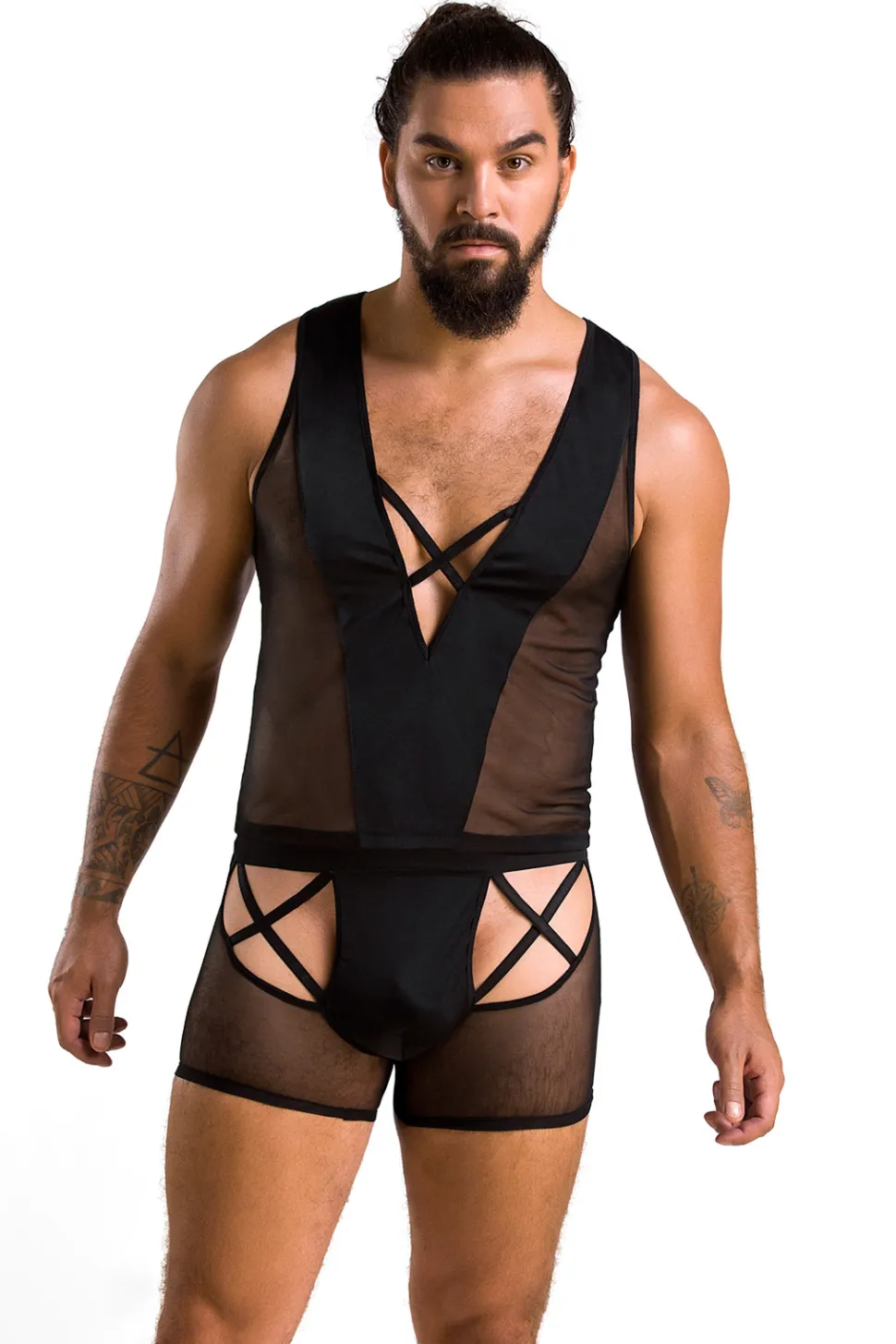 Herren Lingerie Set mit Cutouts aus transparentem Stoff