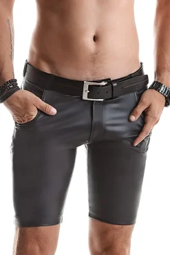 Lange Wetlook Herren-Shorts Slim-Fit Gürtelschnallen