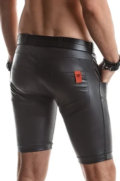 Lange Wetlook Herren-Shorts Slim-Fit Gürtelschnallen