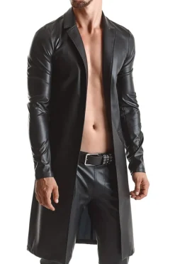 Langer Wetlook Herrenmantel Clubwear Lederimitatmantel