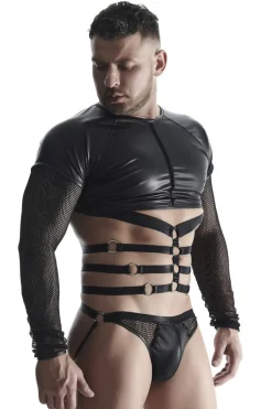 Langärmliges Wetlook Shirt mit Harness Clubwear T-Shirt