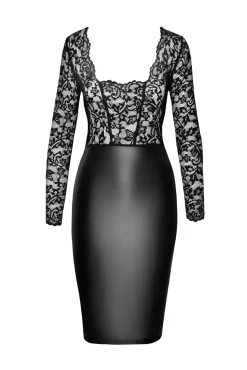 Midikleid aus Spitze und Wetlook in Schwarz