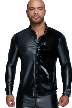 MissBehaved Collection-Langärmliges Powerwetlook & PVC Shirt mit Knopfleiste H064 schwarz
