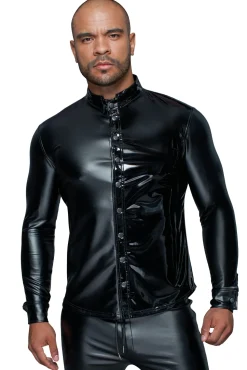 MissBehaved Collection-Langärmliges Powerwetlook & PVC Shirt mit Knopfleiste H064 schwarz