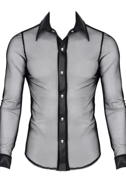 Netz-Wetlook Hemd Stehkragen Slim-Fit