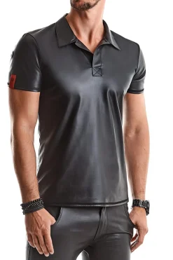 Polo Shirt aus dehnbarem Wetlook Kragen Ziernähte