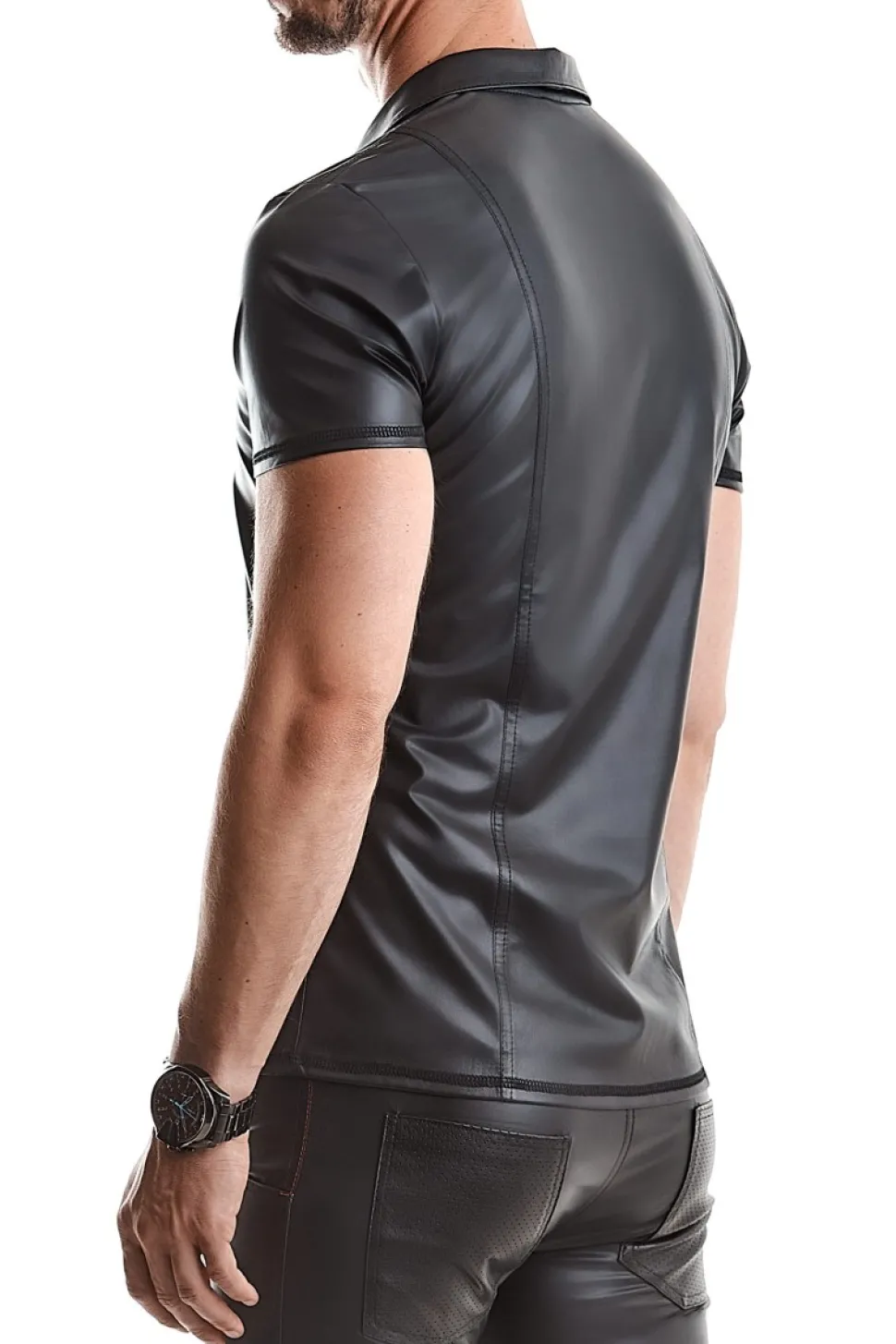 Polo Shirt aus dehnbarem Wetlook Kragen Ziernähte