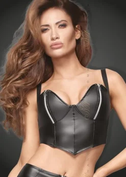 Powerwetlook Top mit silbernen Reißverschlüssen im Brustbereich F165 schwarz