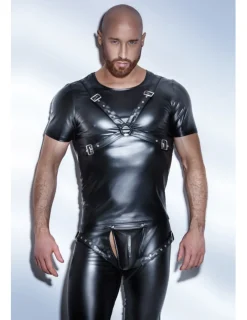 Powerwetlook-Shirt mit verstellbarem Harness aus Eco-Leather