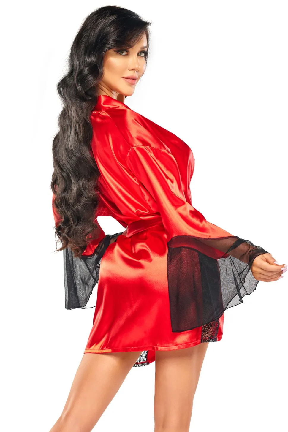 Satin Kimoni mit Mesh Ärmeln und passendem String