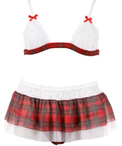 Schulmädchen Set Kostüm Top, Rock & String ouvert