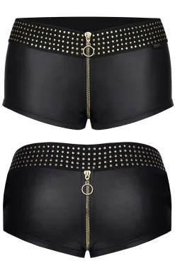 Shorts aus elastischem Wetlook mit dekorativem Gummiband und Reißverschluss