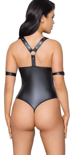 Stringbody overt im edlen Mattlook mit 2-Fesselriemen offener Front mit dekorativen Ringen