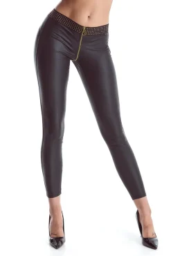 Wetlook Leggings mit goldenen Details und langem Reißverschluss