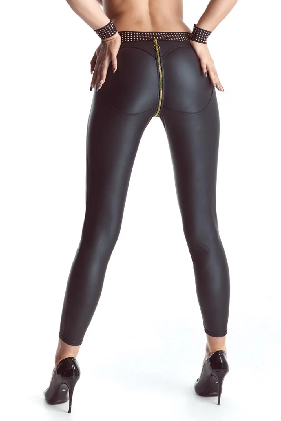 Wetlook Leggings mit goldenen Details und langem Reißverschluss