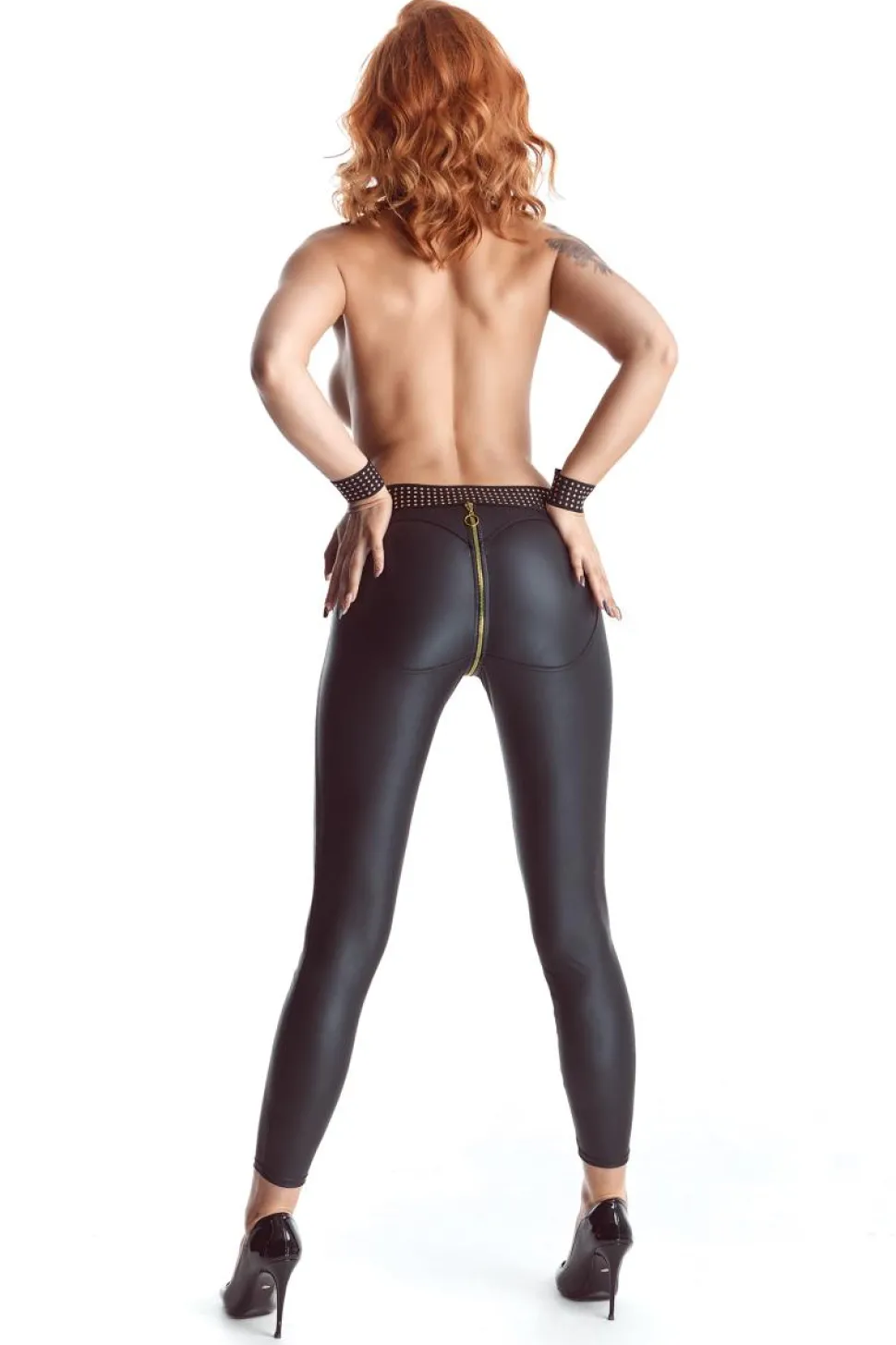 Wetlook Leggings mit goldenen Details und langem Reißverschluss