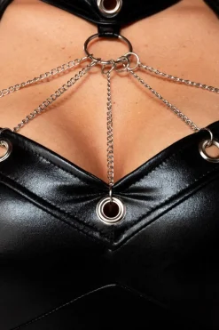 Wetlook Minikleid mit Puffärmeln Clubwear Partykleid Silberketten