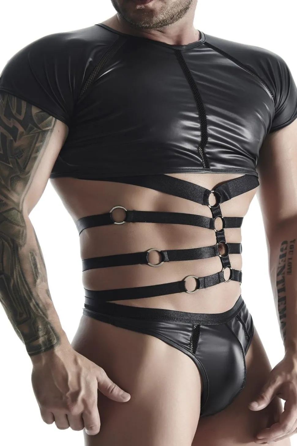 Wetlook Shirt mit Body-Harness Bondage Clubwear Fetisch