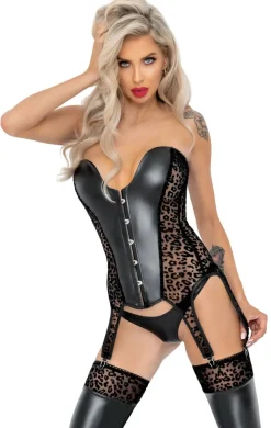 Wetlook-Mesh Strapshemd mit Leoparden Samtflockprint, dekorative Schnürung am Rücken und Haken-Verschluss Vorne