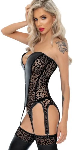 Wetlook-Mesh Strapshemd mit Leoparden Samtflockprint, dekorative Schnürung am Rücken und Haken-Verschluss Vorne